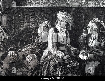 Incisione raffigurante un uomo di addormentarsi su un altro passeggero in una prima classe di trasporto. Datata del XIX secolo Foto Stock