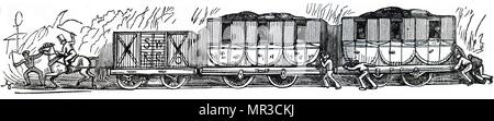 Cartoon raffigurante un cavallo tirando un treno a filamento lungo un binario. Datata del XIX secolo Foto Stock