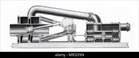 Illustrazione raffigurante un inizio di una turbina a vapore, un dispositivo che estrae energia termica dal vapore in pressione e lo utilizza per fare lavoro meccanico su un albero rotante di uscita. Inventato da Charles Algernon Parsons (1854-1931) un ingegnere anglo-irlandese e inventore del composto turbina a vapore. Datata del XIX secolo Foto Stock