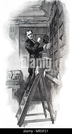 Illustrazione raffigurante un maggiordomo spolvero libri entro la famiglia nella libreria. Datata del XIX secolo Foto Stock