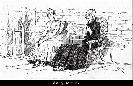 Illustrazione raffigurante una donna anziana leggendo il giornale di tempi. Datata del XIX secolo Foto Stock