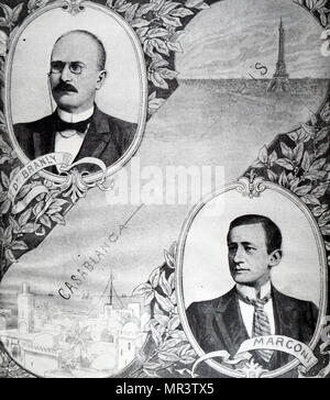 Illustrazione raffigurante Édouard Branly (1844-1940), Guglielmo Marconi (1874-1937) i due uomini responsabili per il telegrafo senza fili di collegamento tra Parigi e Casablanca. In data xx secolo Foto Stock
