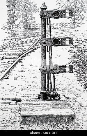 Illustrazione raffigurante un nano segnale semaphore e split accendere un American railroad. Datata del XIX secolo Foto Stock