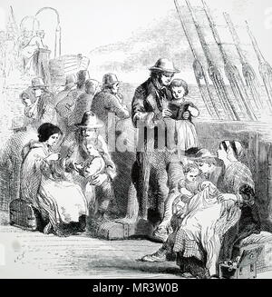 Incisione raffigurante le famiglie a bordo di una nave di emigrati in viaggio o in Australia o in America. Datata del XIX secolo Foto Stock