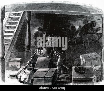 Illustrazione raffigurante equipaggio conducendo una ricerca di clandestini su una nave di emigrati in viaggio da Liverpool in America. Datata del XIX secolo Foto Stock
