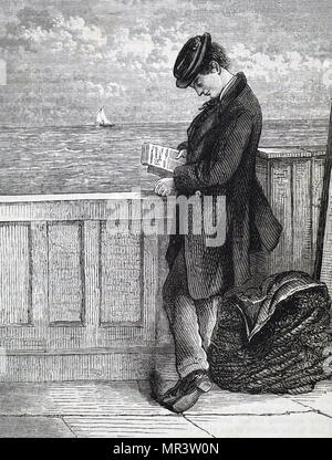 Illustrazione raffigurante un emigrante la lettura a bordo di una nave in viaggio per l'America. Datata del XIX secolo Foto Stock