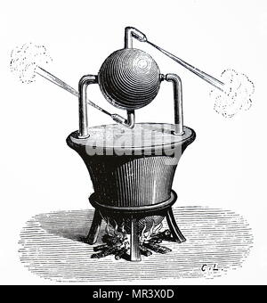 Incisione raffigurante un Aeolipile, un semplice bladeless radiale della turbina a vapore che gira quando la centrale di contenitore di acqua viene riscaldata. Datata del XIX secolo Foto Stock