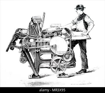 Illustrazione raffigurante un pianale macchina da stampa senza denti estranei e leve. Datata del XIX secolo Foto Stock