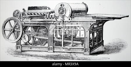 Illustrazione raffigurante un pianale macchina da stampa senza denti estranei e leve. Datata del XIX secolo Foto Stock