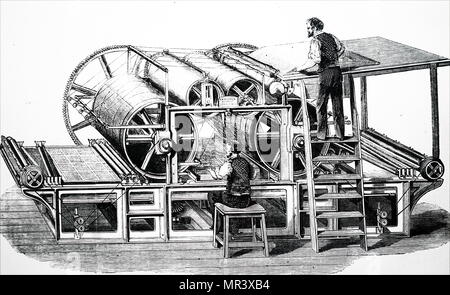 Incisione raffigurante Augustus Applegath il doppio cilindro di perfezionare la macchina. Augustus Applegath (1788-1871) un inglese di stampante e inventore noto per sviluppare il primo verticale lavorabile-tamburo rotante di stampa. Datata del XIX secolo Foto Stock