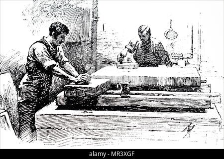 Incisione raffigurante la macinazione le pietre litografiche. Datata del XIX secolo Foto Stock