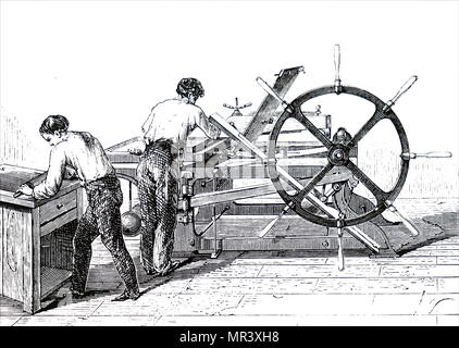Illustrazione raffigurante una stampa litografica. Johann Alois Senefelder (1771-1834) un attore tedesco e drammaturgo che ha inventato la tecnica di stampa di litografia. Datata del XIX secolo Foto Stock