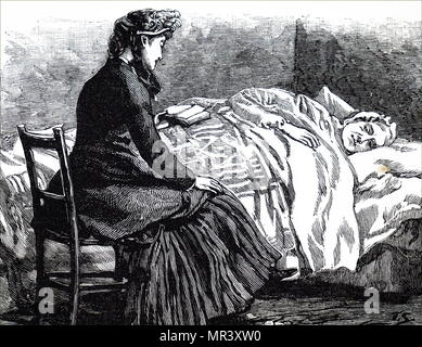 Illustrazione raffigurante una donna la lettura di un vecchio letto-ridden donna. Datata del XIX secolo Foto Stock