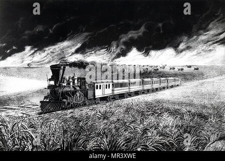 Litografia raffigurante la prairie incendi del Grande Ovest. Nella foto è un treno con un cowcatcher e proiettore Incrocio Prairie mentre buffalo stampede nel volto di un incendio della prateria. Stampato da Currier e Ives. Datata del XIX secolo Foto Stock