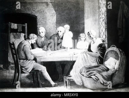 Acquatinta raffigurante tre generazioni ascoltando la lettura della Bibbia in famiglia. La puntasecca da Charles Turner dopo l'immagine di Maria Spilsbury. Charles Turner (1774-1857) un inglese di mezzatinta incisore e disegnatore. Maria Spilsbury (1776-1820) un artista britannico conosciuto per i suoi dipinti di soggetto religioso e la ritrattistica. Datata del XIX secolo Foto Stock