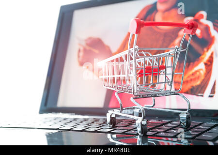 Shopping online concetto. Carrello spesa carrello sul computer portatile con la ragazza con carta di credito sfondi Foto Stock