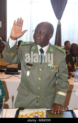 Brig. Gen. Iro Oumarou, Niger capo di stato maggiore dell'esercito, si distingue per la sua introduzione durante la terra africana al vertice delle forze in corrispondenza di Umodzi Business Park, Lilongwe, Malawi, 8 maggio 2017. ALFS è un annuale, giro seminario riunire forze terrestri capi di tutta l Africa per il dialogo sincero per discutere e sviluppare soluzioni cooperative regionali e trans-regionali di sfide e minacce.( U.S. Esercito foto di Spc. Tadow McDonald) Foto Stock