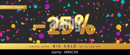 Buono sconto modello di progettazione con colorati coriandoli tinsel. Scheda Coupon, vendita modello di pagina di intestazione. 25 percento di illustrazione vettoriale Illustrazione Vettoriale