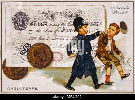Cartolina francese del 1900 raffigurante un poliziotto britannico arresto di un ragazzo insieme contro un cinque libbra banconota Foto Stock