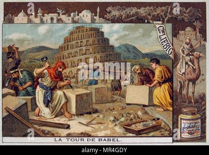 Scheda Leibig raffigurante una scena biblica: la torre di Babele. La torre di Babele è destinato a spiegare il motivo per cui i popoli del mondo parlano diverse lingue. Secondo il racconto di una umanità unita nelle generazioni dopo la grande alluvione, parlando un linguaggio unico e migrazione verso est, arriva nel paese di Scinar per costruire una città e una torre di altezza sufficiente a raggiungere il cielo. Dio, rispettando la loro città e torre, confonde loro parlato in modo tale che non è più in grado di capire gli uni gli altri, e spargerli in tutto il mondo. Foto Stock