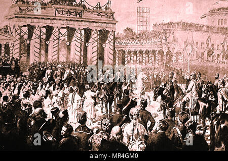 La Germania conquistando l'imperatore, William (Wilhelm) I, trionfalmente entrando in Berlin Giugno 1871 - noto anche come William Frederick Louis di Hohenzollern, Wilhelm Friedrich Ludwig von Hohenzollern e King of Prussia Foto Stock