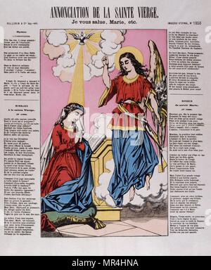 Lo spagnolo del secolo XIX, illustrazione che mostra Annunciazione della Beata Vergine Maria come ella è visitato da un angelo Foto Stock