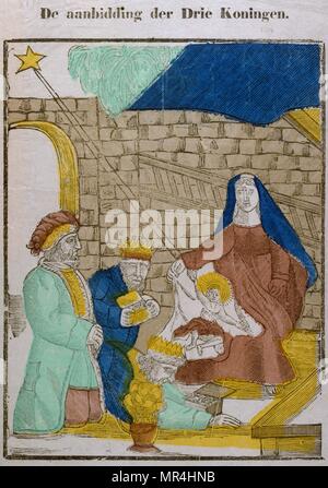 Inizio del XIX secolo, Tedesco, illustrazione raffigurante l adorazione di Cristo da parte del Re (Magi) a Betlemme da Maria veglia. 1800 Foto Stock