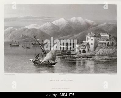 Incisione di Victor Guerin (1821 - 1891) raffigurante il porto di Beirut, Libano. 1875 Foto Stock