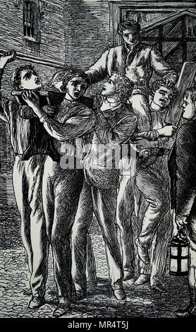 Incisione raffigurante una scena da "Tom Brown's studente': presiedere Tom nel quadriportico. Tom Brown's studente è impostato nel 1830s a scuola di Rugby, una scuola pubblica per ragazzi, ed era principalmente basato su l'autore di esperienze alla scuola. Scritto da Thomas Hughes (1822-1896) un avvocato inglese, giudice, autore e politico. Illustrato da Arthur Hughes (1832-1915) un pittore inglese e illustrator associato con la Fratellanza Pre-Raphaelite. Datata del XIX secolo Foto Stock