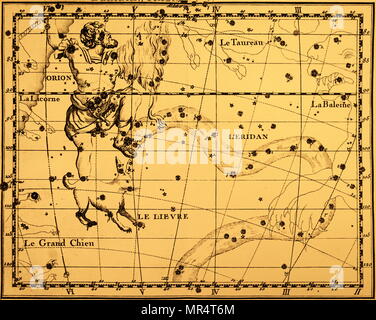 Incisione raffigurante la costellazione di Orione. Orion è una costellazione di spicco situato sull'equatore celeste e visibile in tutto il mondo. È stato chiamato dopo Orion, un cacciatore nella mitologia greca. Datata xviii secolo Foto Stock