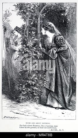 Incisione raffigurante una scena da molto rumore per nulla di William Shakespeare. Beatrice, attirati verso il giardino da eroe così che lei possa ascoltano casualmente una conversazione tra eroe e Ursula. William Shakespeare (1564-1616) un poeta inglese, drammaturgo e attore. Datata del XIX secolo Foto Stock