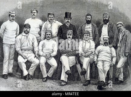 Incisione raffigurante la Australian touring team di 1888. Seduti da sinistra a destra: G.J. Bonnor, C.T.B. Turner, P.S. MacDonnell (Capitano), H. Trott, C.A. Bannerman. In piedi da sinistra a destra: F.J. Ferris A.H. Jarvis, J. Worrall, C.W. Beal (manager), J.M.C. Blackham, H.F. Boyle, J. Edwards. Datata del XIX secolo Foto Stock