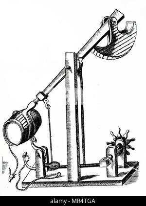 Incisione raffigurante una catapulta meccanica avvolto da un verricello (a destra). Quando la corda è stata rilasciata, il peso (angolo superiore destro) tirato il braccio rapidamente verso il basso, sporgente la canna (forse contenente fuoco greco) al nemico. Risalenti al XVII secolo Foto Stock