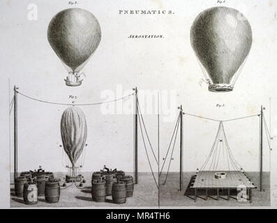 Incisione raffigurante due tipi di mongolfiere. A sinistra: palloncino di idrogeno, il quarto inferiore dell'immagine mostra il metodo di riempimento del palloncino con idrogeno prodotta riempiendo barili con la limatura di ferro e acido solforico. Destra: Montgolfier mongolfiera. Datata del XIX secolo Foto Stock