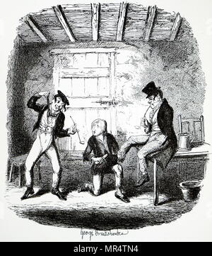 Illustrazione raffigurante il personaggio Oliver Twist: Oliver lucidi Bill Sykes's stivali, mentre Charley Bates lezioni di lui sul loro "professione". Illustrato George Cruikshank (1792-1878) Un caricaturista britannico e illustratore di libri. Datata del XIX secolo Foto Stock