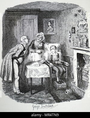 Illustrazione raffigurante il personaggio Oliver Twist: Signor Brownlow visitando Oliver's sickroom per vedere come egli progredisce, mentre la signora Bedwin la governante guarda a. Sulla parete è il ritratto che noi scopriamo successiva è quella di Oliver della madre. Illustrato George Cruikshank (1792-1878) Un caricaturista britannico e illustratore di libri. Datata del XIX secolo Foto Stock