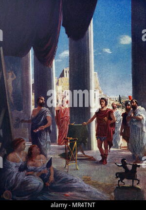 Dipinto di Alexander il grande visitando lo studio di Apelle, che è. Alessandro il Grande (356 A.C. - 323 a.C.) re del greco antico regno di Macedon e un membro della dinastia Argead. Datata del XIX secolo Foto Stock