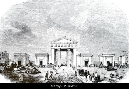 Incisione raffigurante Euston Arch, l'entrata originale per la stazione di Euston si affaccia su Drummond Street, Londra. Progettato da Philip Hardwick (1792-1870) un architetto inglese. Datata del XIX secolo Foto Stock