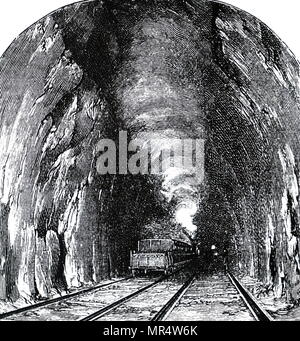 Incisione raffigurante l'interno del Box Tunnel Near Bath, mostrando un ampio calibro treno passa attraverso. Datata del XIX secolo Foto Stock
