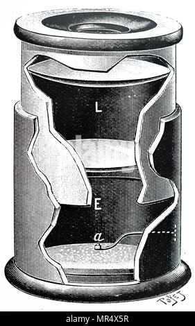 Un diagramma illustrante un spinthariscope inventato da William Crookes. Un spinthariscope - un giocattolo in cui un piccolo pezzo di radium composto a) emette raggi alfa che incidono su un pezzo di solfuro di zinco e) che in tal modo scintillates. Per scintillazione è osservata attraverso una lente di ingrandimento L). Sir William Crookes (1832-1919) un chimico e fisico inglese. In data xx secolo Foto Stock