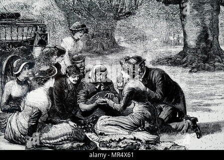 Illustrazione raffigurante picnic aventi i loro palmi letta da una vecchia donna gitana, a Burnham Beeches. Datata del XIX secolo Foto Stock