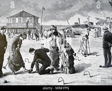 Illustrazione raffigurante un gioco di croquet essendo giocato sulla spiaggia. Datata del XIX secolo Foto Stock