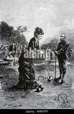 Illustrazione raffigurante una giovane coppia gioca croquet. Datata del XIX secolo Foto Stock