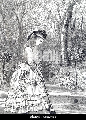 Illustrazione raffigurante una giovane donna che gioca il croquet. Datata del XIX secolo Foto Stock