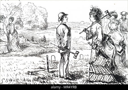 Illustrazione raffigurante una giovane coppia gioca croquet. Datata del XIX secolo Foto Stock