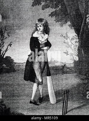 Incisione raffigurante un giovane cricketer. Incisi da Thomas Gaunsborough (1727-1788) un inglese un ritratto e paesaggio pittore, disegnatore e incisore. Datata xviii secolo Foto Stock