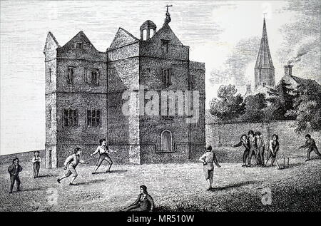 Illustrazione raffigurante scolari la riproduzione di cricket a Harrow School. Datata del XIX secolo Foto Stock