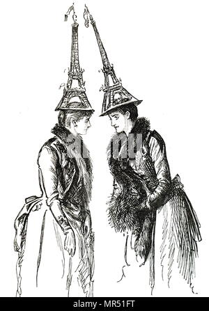 Cartoon raffigurante due turisti femmina indossando cappelli di souvenir a forma di torre Eiffel. Datata del XIX secolo Foto Stock