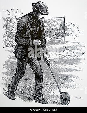 Illustrazione raffigurante una spazzola rotonda essendo utilizzata per la marcatura di campi da tennis. Datata del XIX secolo Foto Stock