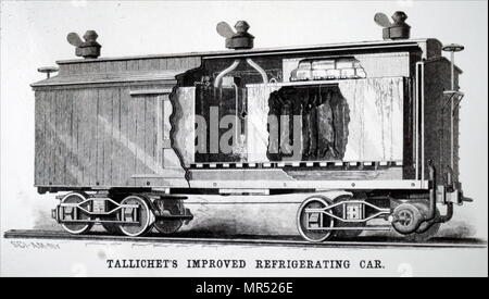 Incisione raffigurante una fredda refrigerata storage vagone ferroviario. Datata del XIX secolo Foto Stock